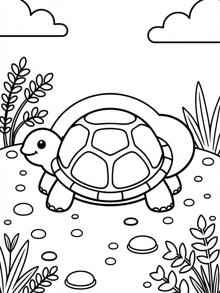 Coloring page of smiling turtle with patterned shell amid plants and pebbles
