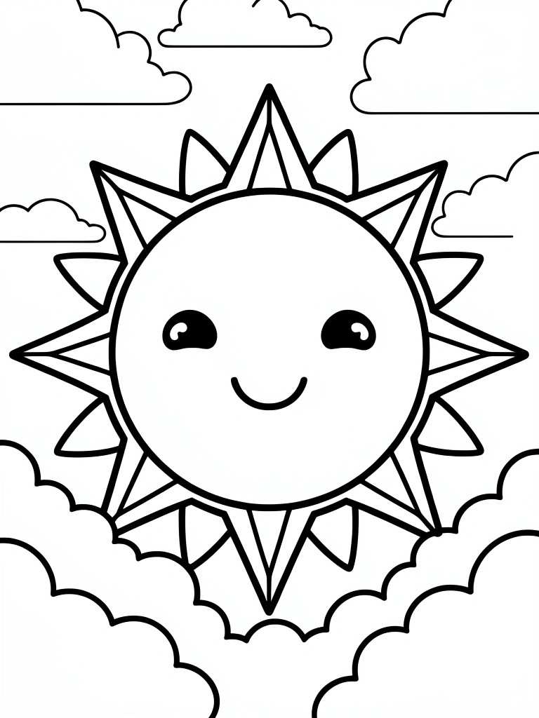 Cartoon sun with smiling face and rays amid fluffy clouds