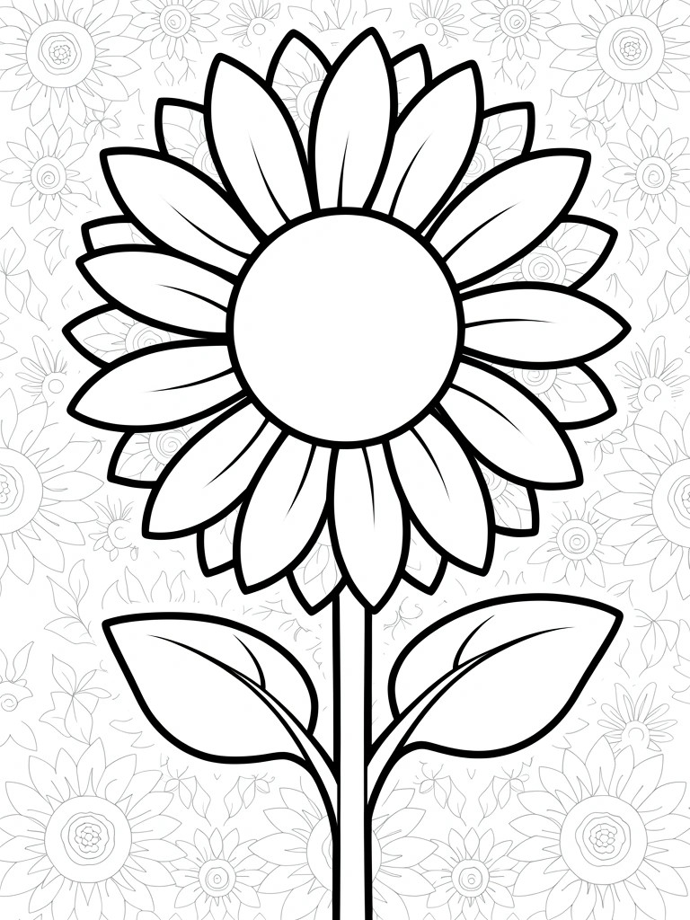 A coloring page of a large central sunflower with stem and leaves surrounded by smaller sunflowers in the background.