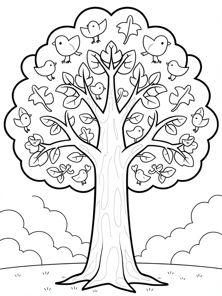A black and white line drawing of a large tree with birds perched on branches among leaves, clouds above and below, and a ground line at the bottom.