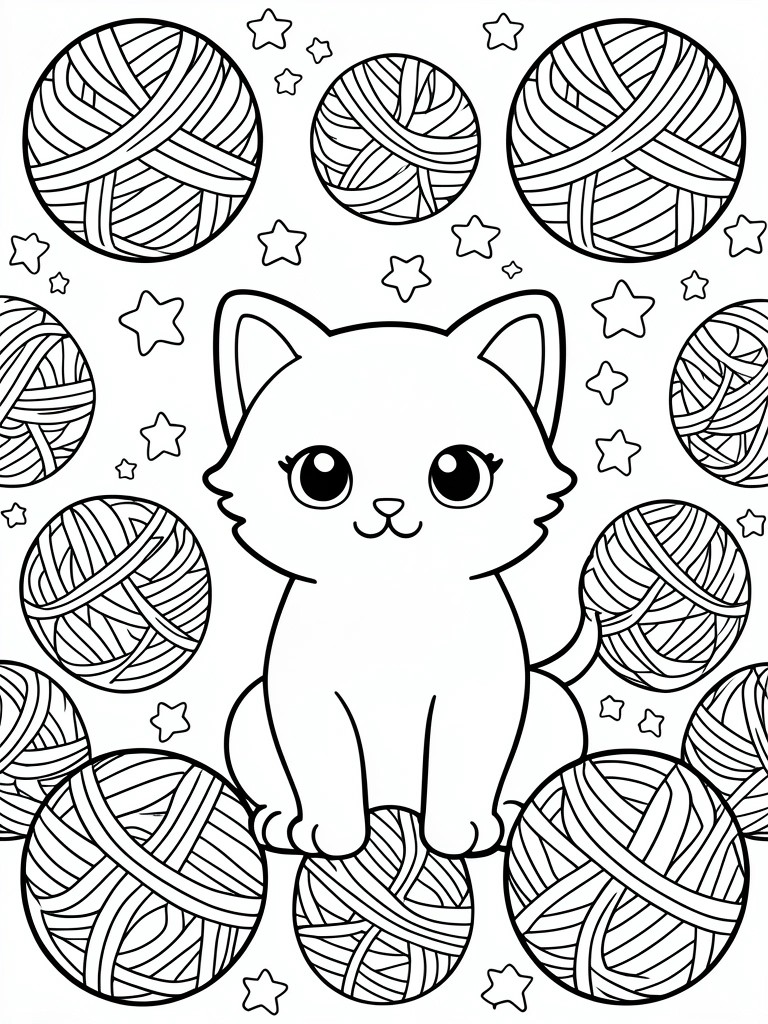 A black and white coloring page of a cute cat sitting among multiple large balls of yarn with small stars around them.