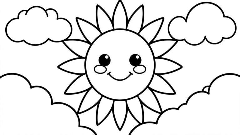 23 Big Shape Coloring Pages for Effortless Coloring Sessions Cartoon sun with smiling face and rays amid fluffy clouds
