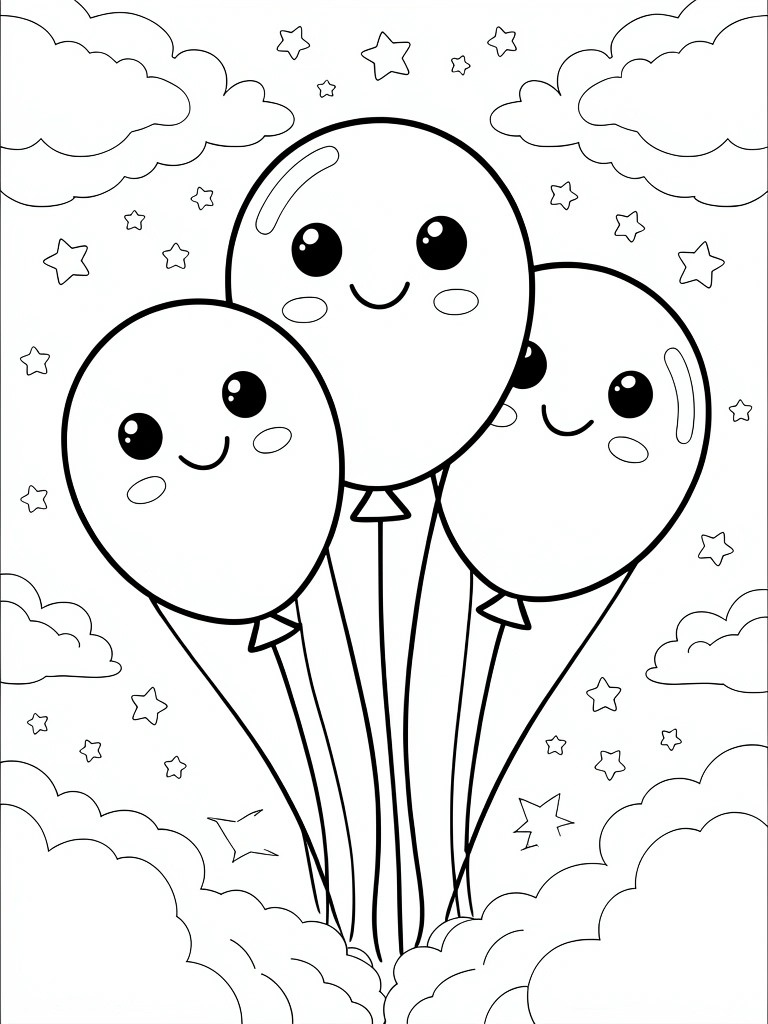 A coloring page featuring three round balloons with cute faces, strings, and a background of clouds and stars.