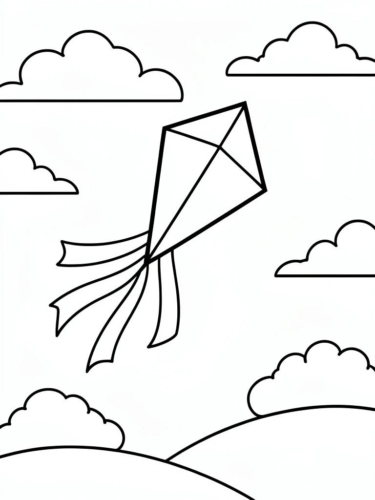 A line drawing of a kite with a long tail flying among clouds in the sky.
