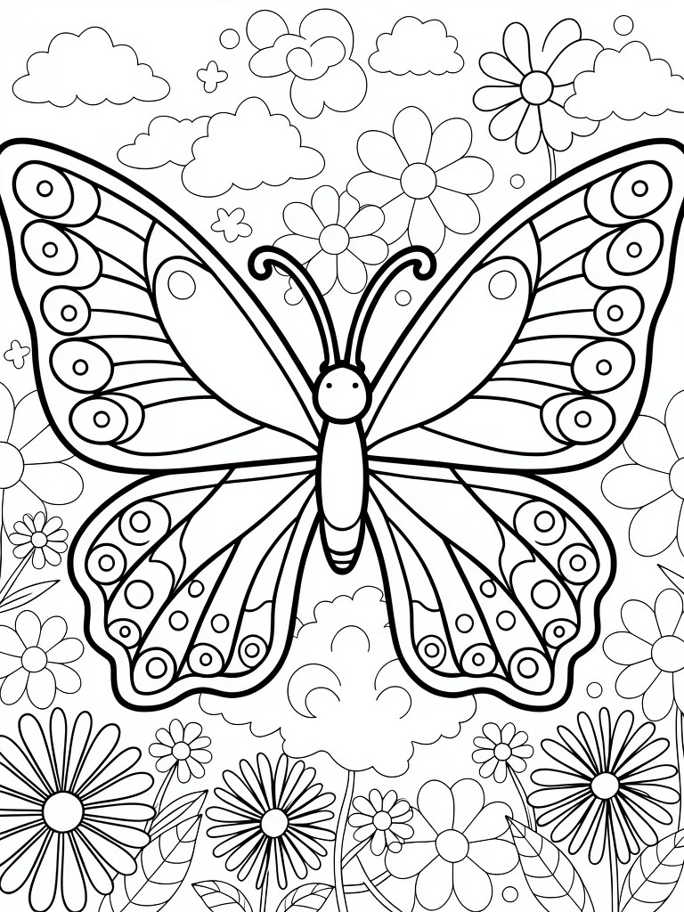 A coloring page of a large butterfly with circular wing patterns surrounded by flowers and clouds.