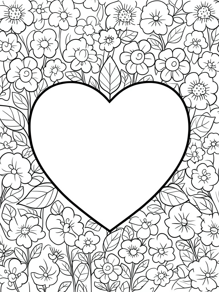A coloring page with a large empty heart in the center surrounded by many different flowers and leaves.