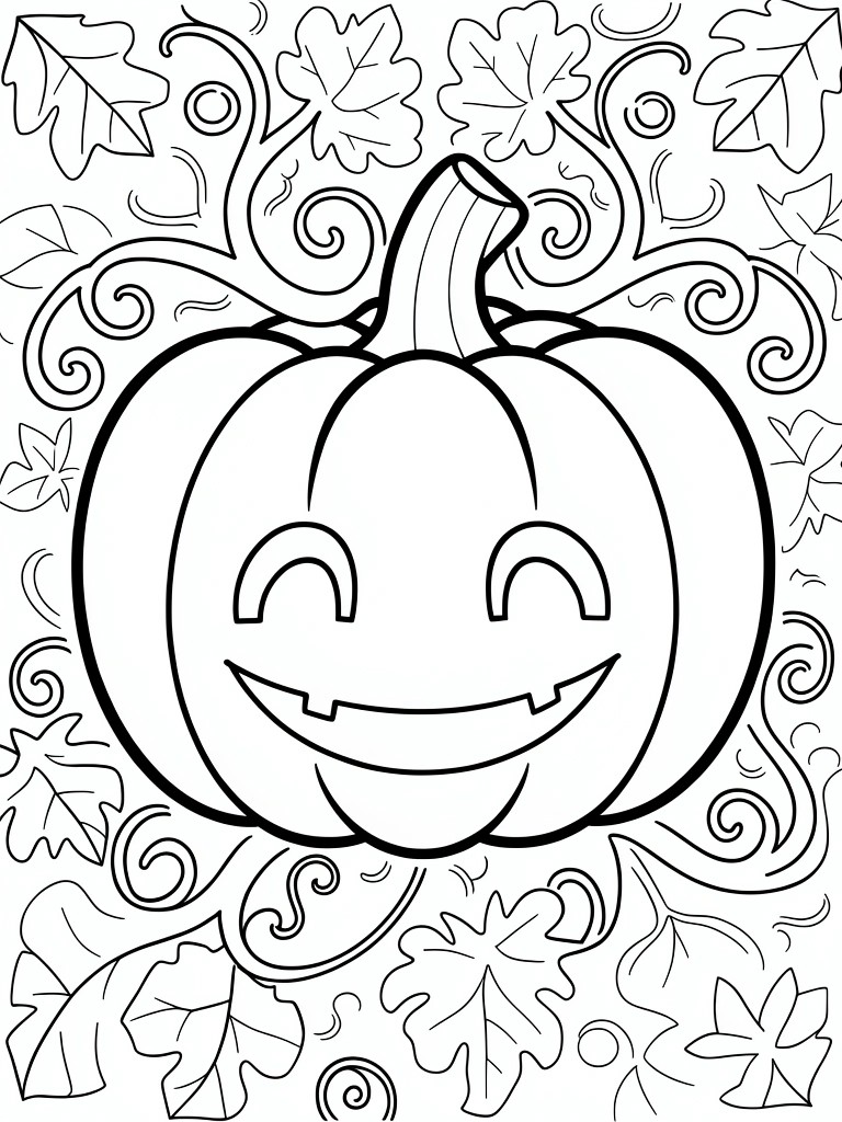 Smiling jack-o'-lantern pumpkin amid swirling autumn leaves in bold outlines.