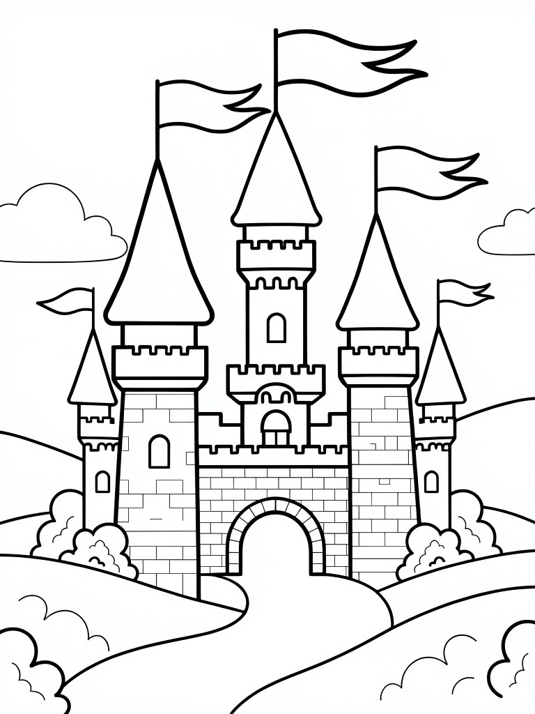 A black and white line drawing of a castle with three towers, flags, brick walls, an arched gate, and hills with clouds.