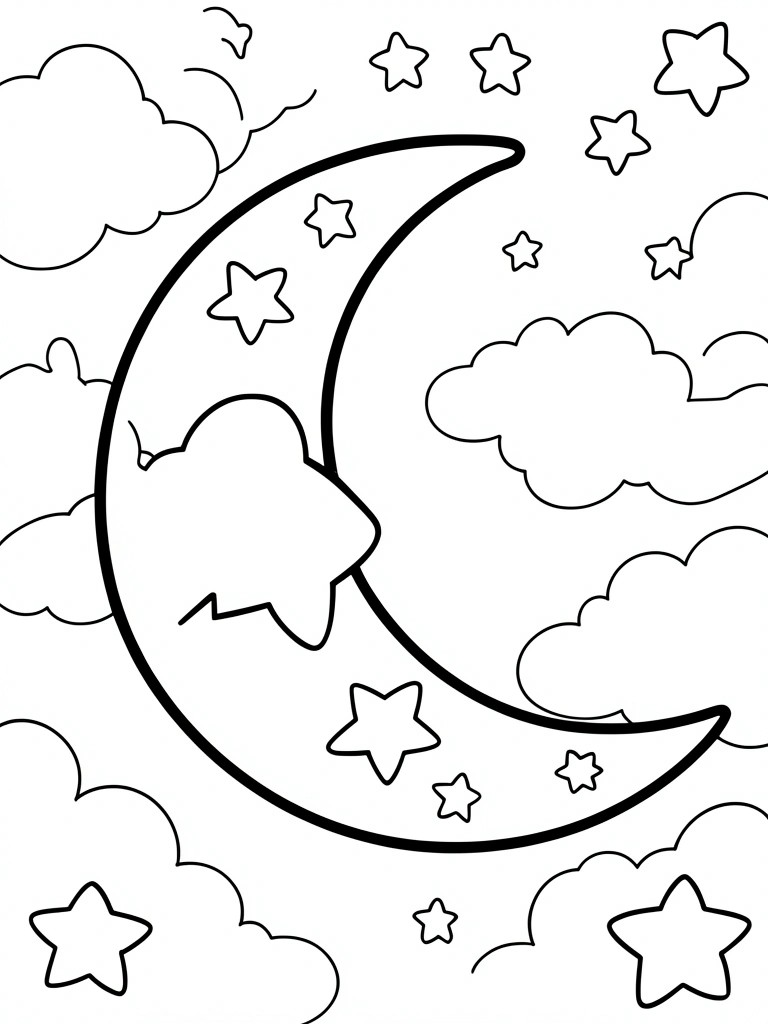A black and white line drawing of a large crescent moon surrounded by stars and clouds.
