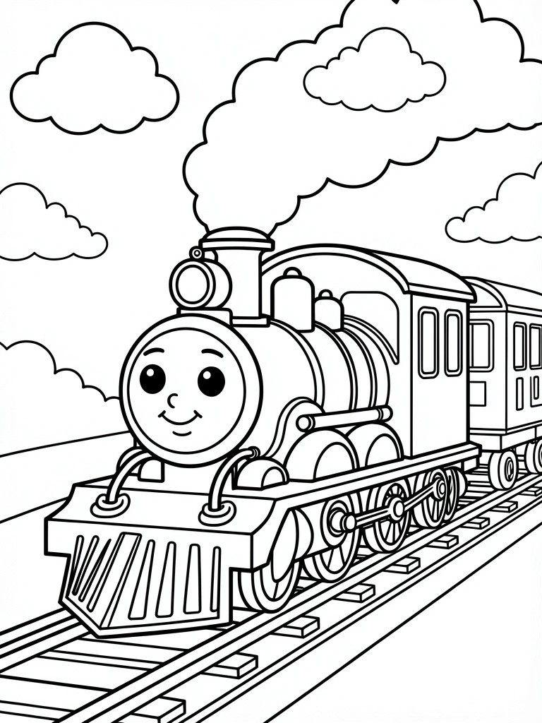A black and white line drawing of a smiling steam train engine with passenger cars on tracks under a sky with clouds.