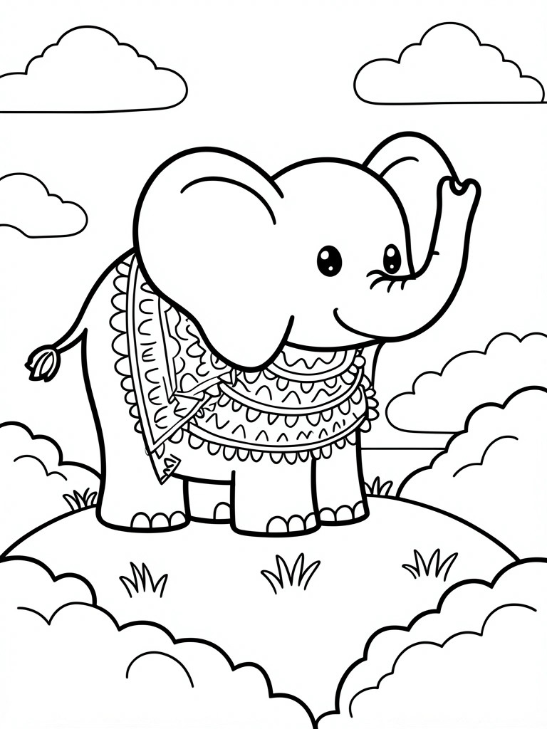 Cute decorated elephant with ornate patterns on grassy hill under clouds