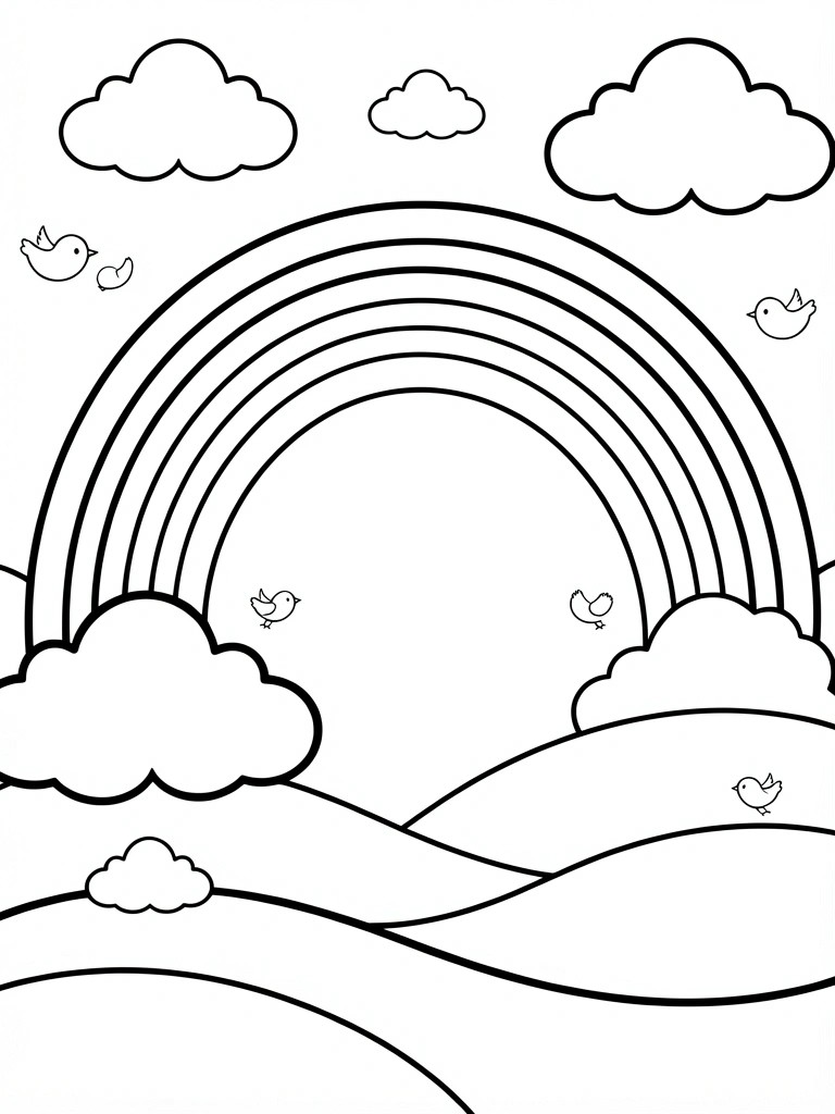 A black and white line drawing of a large rainbow over hills with clouds and small birds.