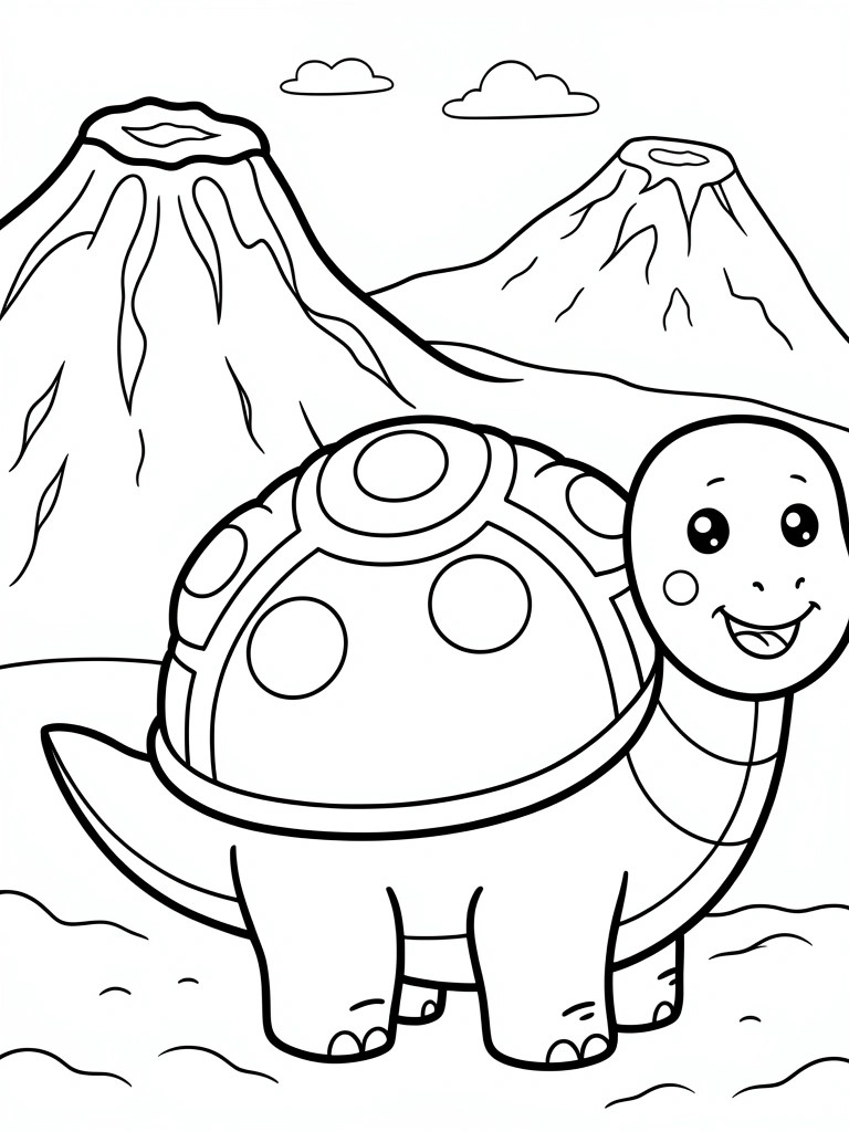 Black-and-white coloring page of smiling cartoon turtle with shell before volcanoes.