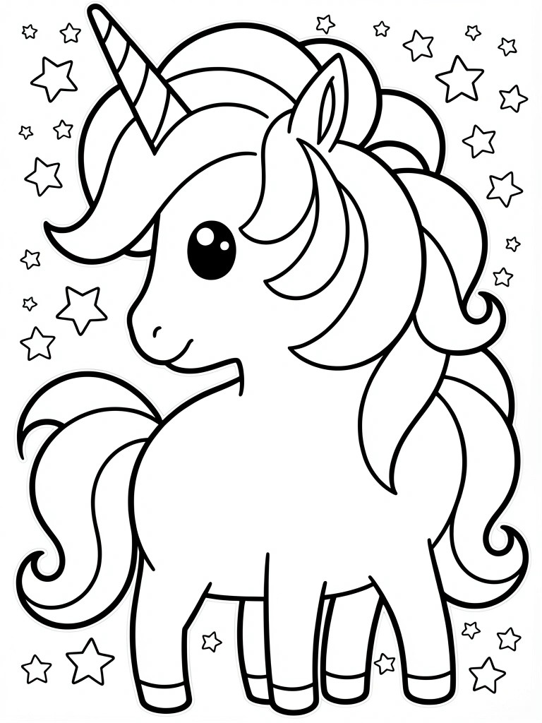 A black and white line drawing of a cartoon unicorn with a horn and stars around it.