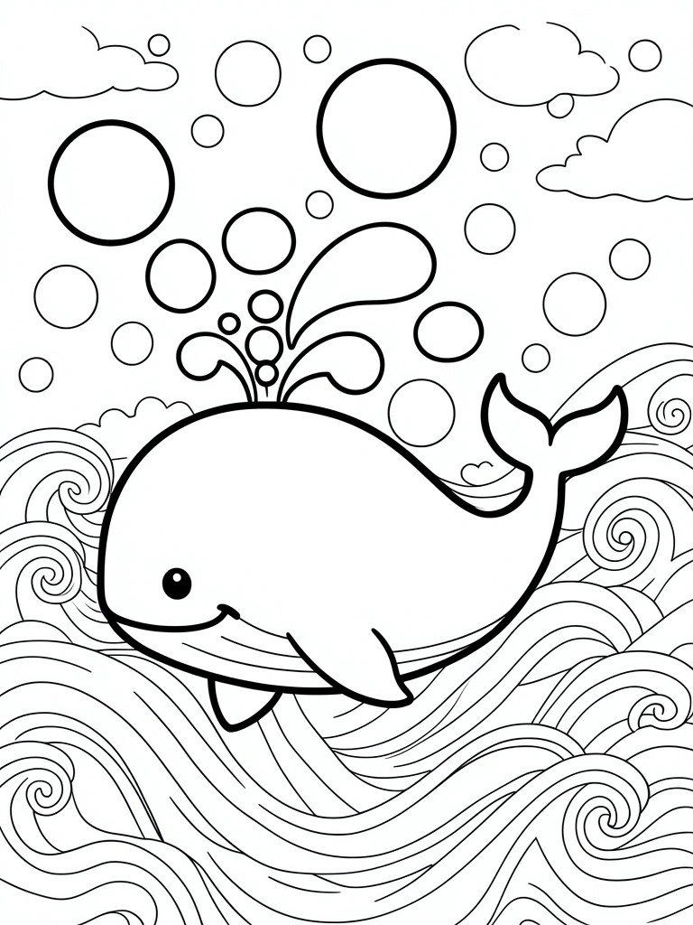 Cartoon whale swimming through bubbly ocean waves in black-and-white line art.