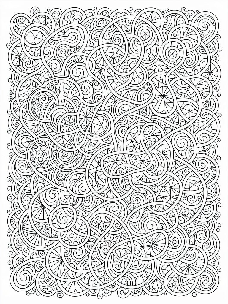 A black and white coloring page filled with overlapping circles, spirals, and geometric patterns in an abstract tangled design.