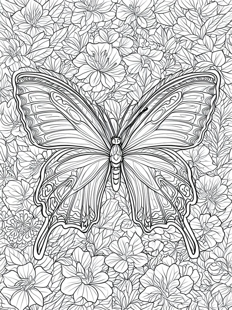 Coloring page with intricate butterfly amid dense flowers and leaves in black line art