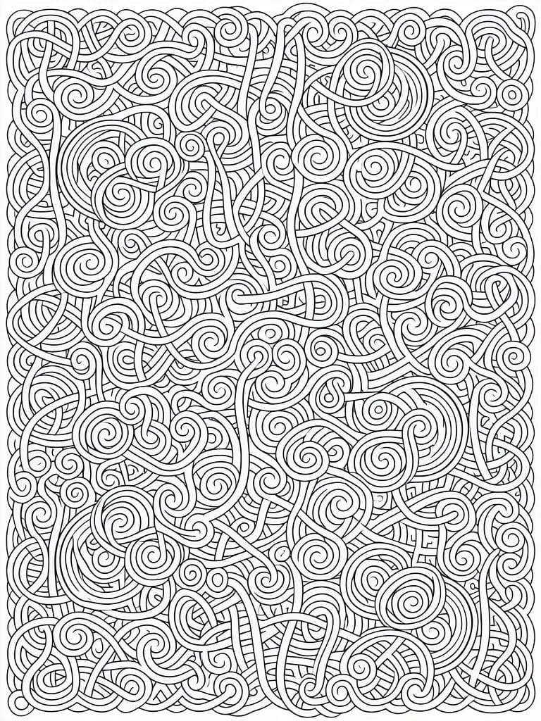 A black and white coloring page filled with dense overlapping spirals and curved lines forming a tangled abstract pattern.