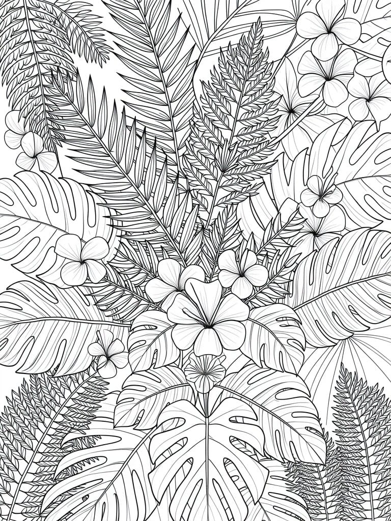 Dense black and white tropical foliage with monstera, ferns, and flowers