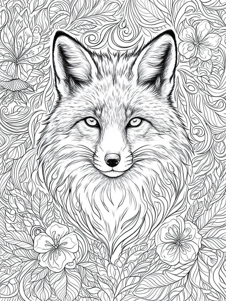 A black and white line drawing of a fox face centered among detailed leaves and flowers.