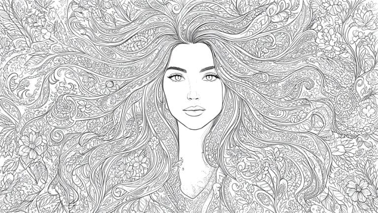 23 Creative Sketch Style Coloring Pages for Artistic Freedom A black and white line drawing of a woman's face centered amid elaborate flowing hair filled with floral and leaf patterns.