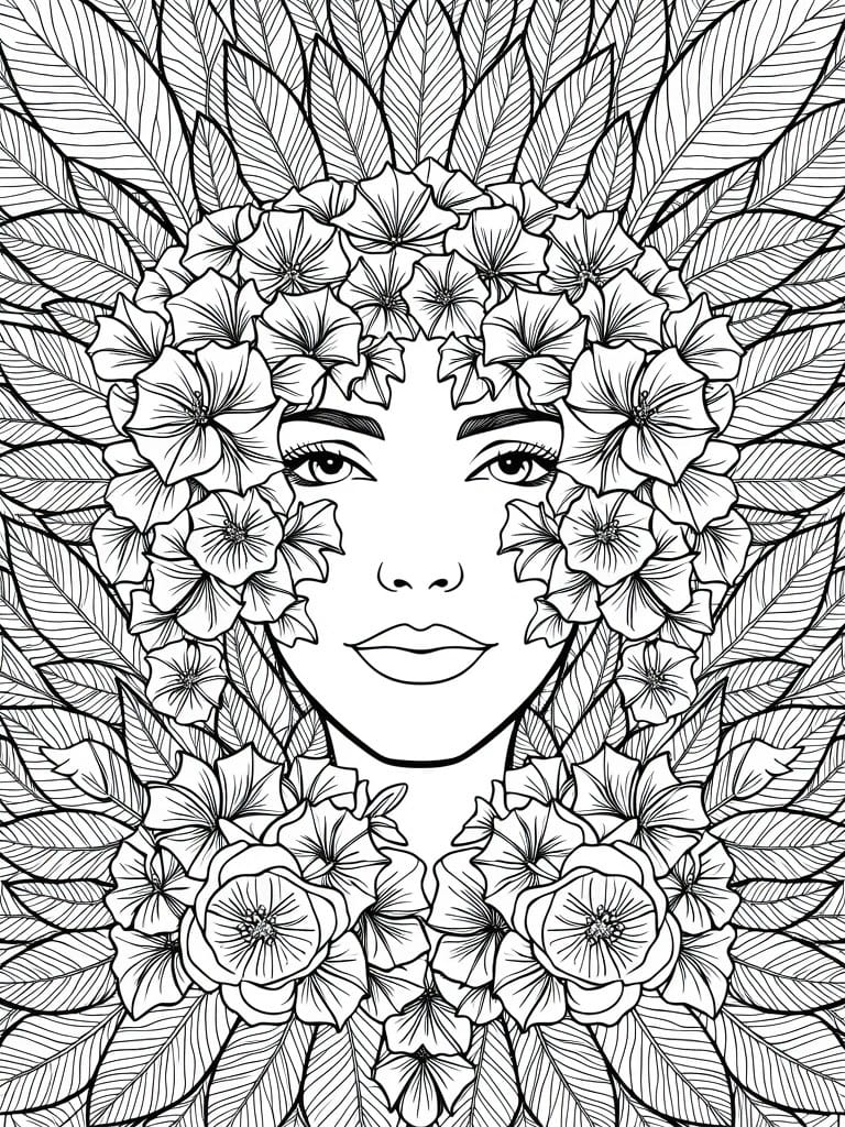 A black and white line drawing of a woman's face surrounded by flowers and leaves.