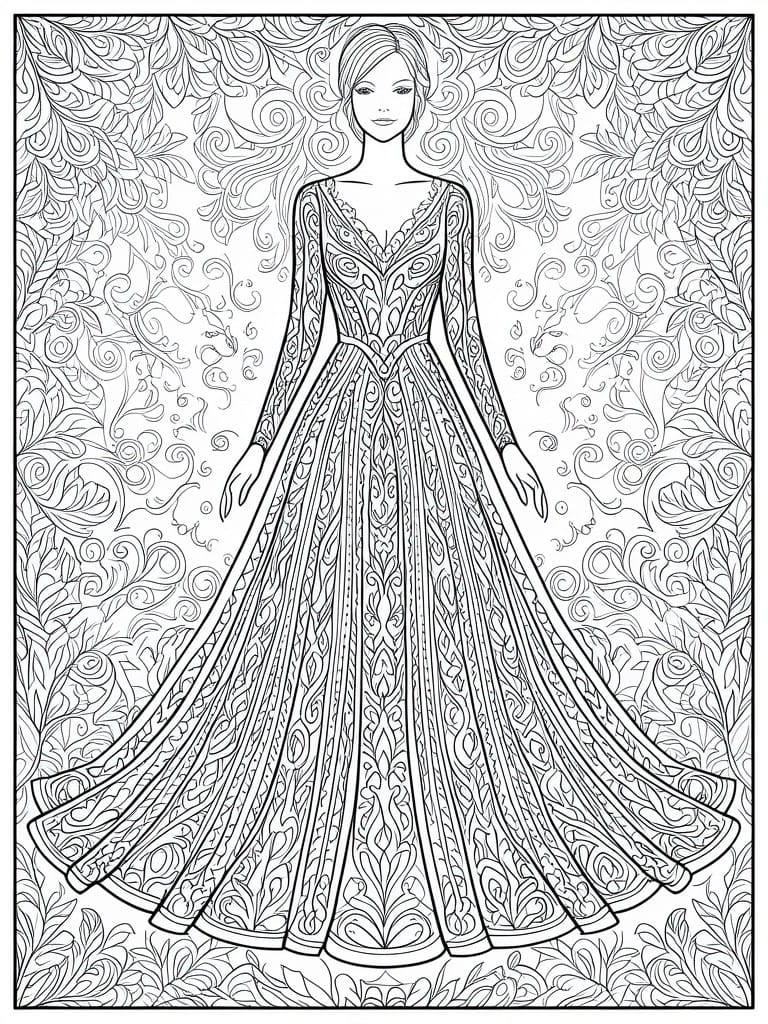 A line drawing shows a woman in a long ornate gown covered in patterns, standing in front of a background filled with swirling leaves and vines.