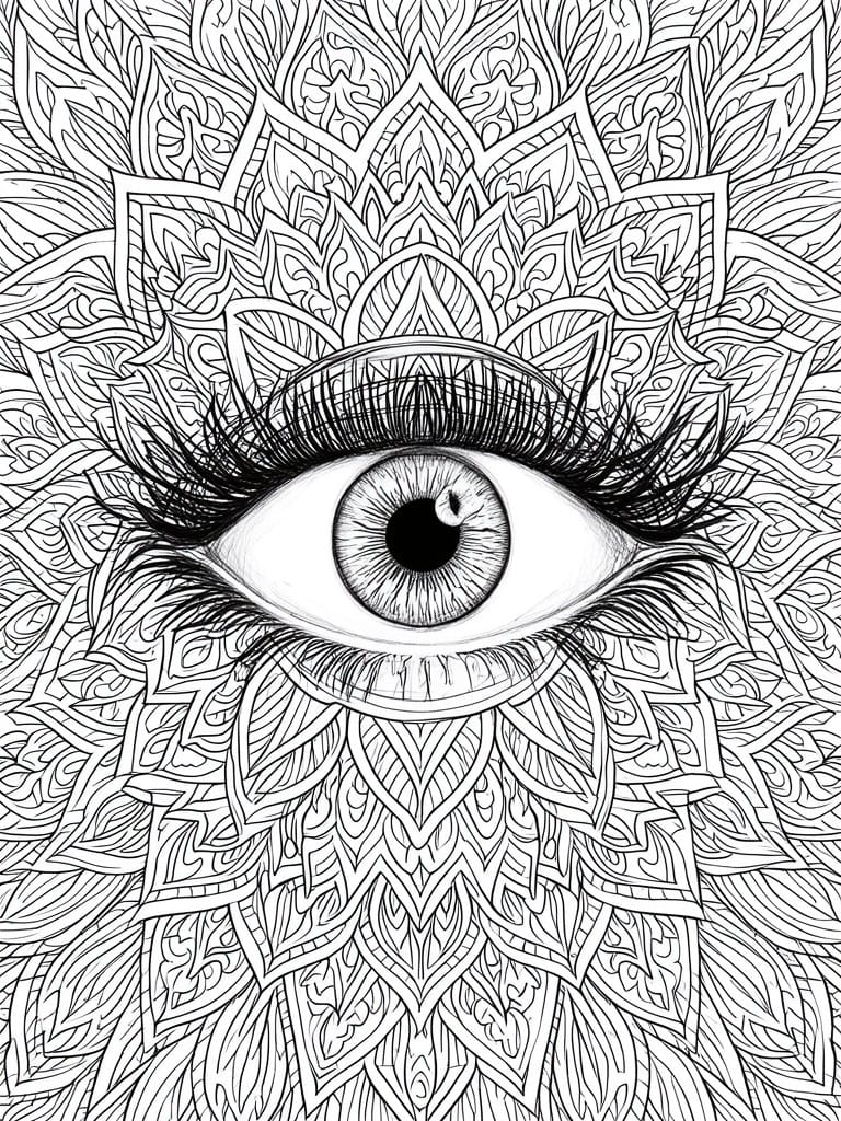 A black and white line drawing of a detailed human eye at the center of an intricate mandala made of repeating leaf and geometric patterns.