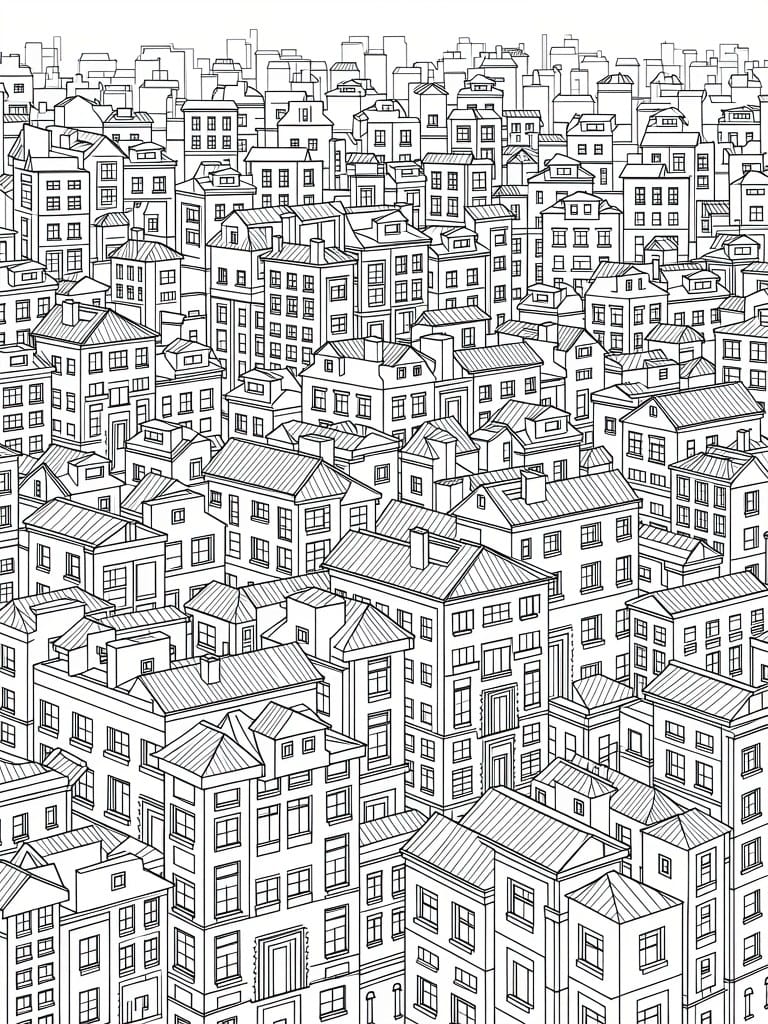 A black and white line drawing of a crowded cityscape filled with various buildings and windows.