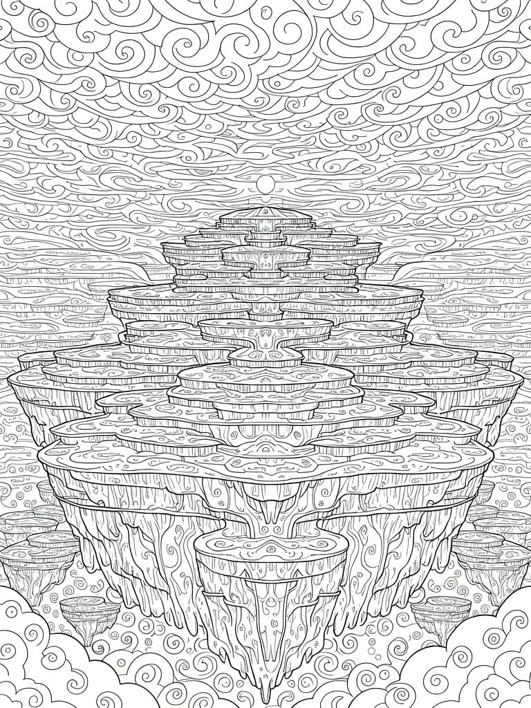 A black and white line drawing of stacked floating islands with swirling patterns on the platforms and clouds.