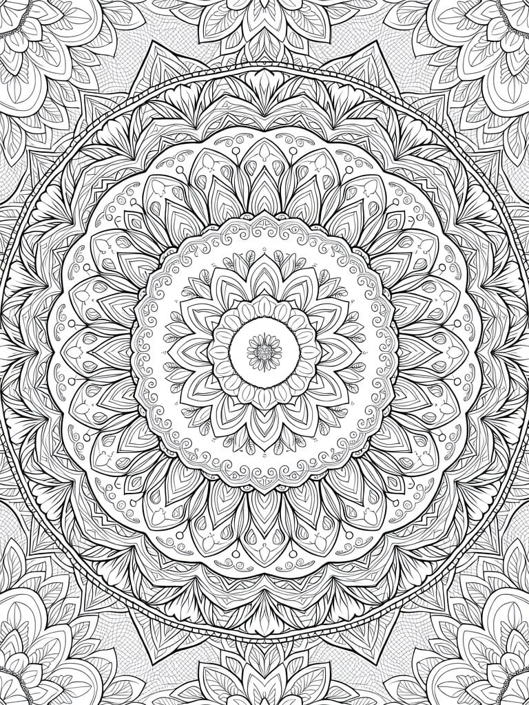 A black and white mandala coloring page with multiple concentric rings of floral and leaf patterns.