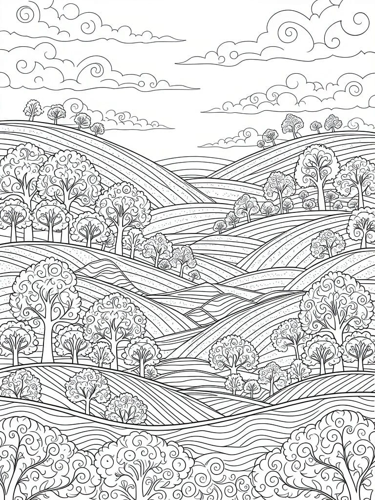 Whimsical black and white line art of rolling hills with curly trees and clouds.