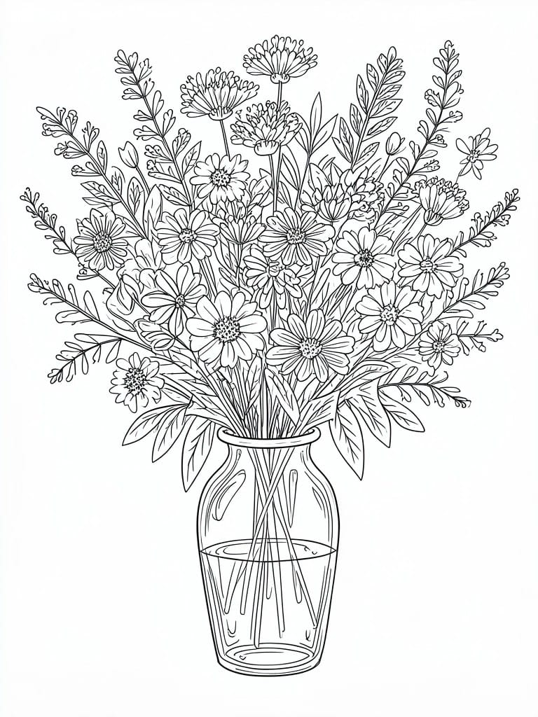 Line art of a wildflower bouquet in a glass vase with water.
