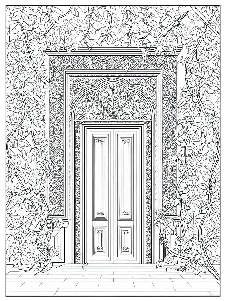 Coloring page of an ornate double door with an arched frame and climbing vines around it.