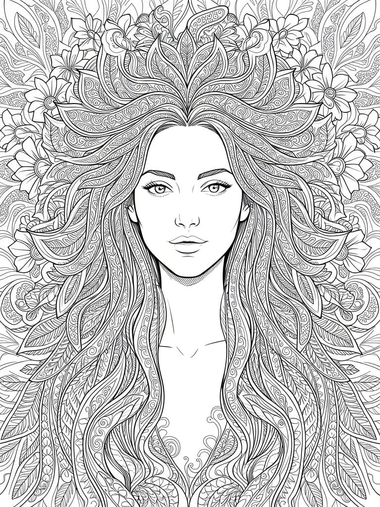 A black and white line drawing of a woman's face centered amid elaborate flowing hair filled with floral and leaf patterns.
