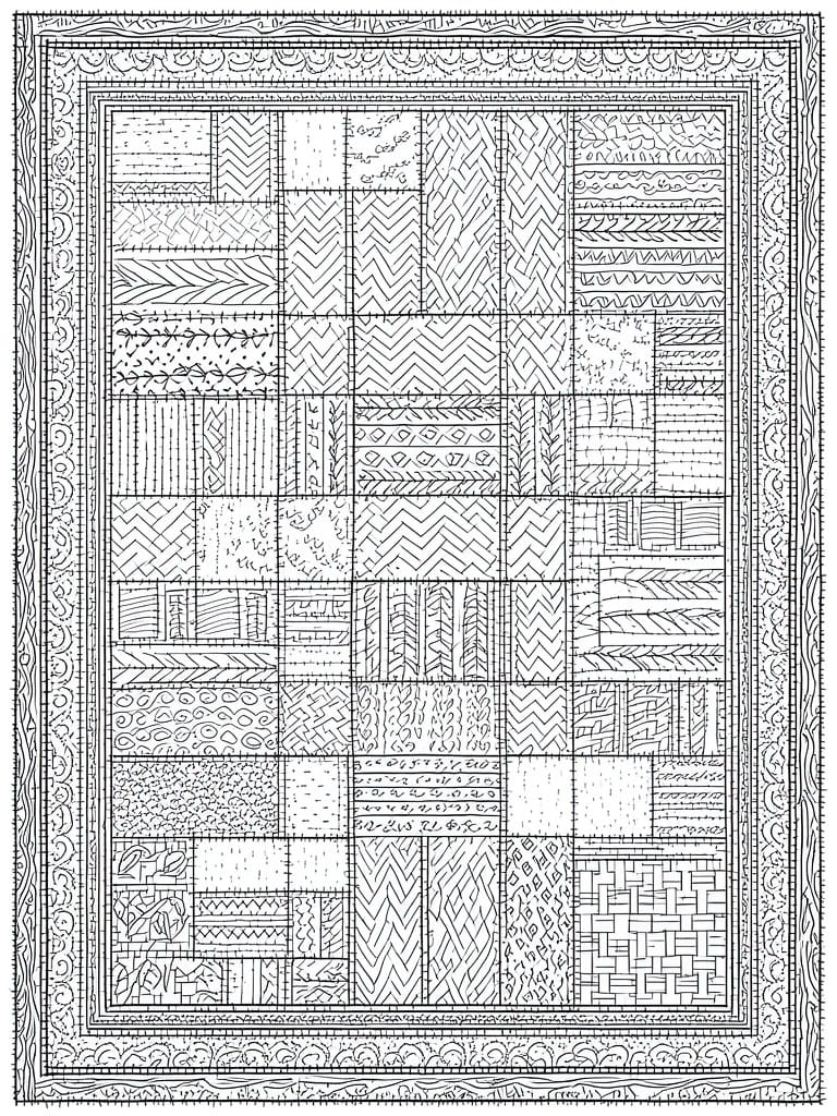 Intricate black-and-white patchwork quilt with diverse geometric patterns and ornate border.