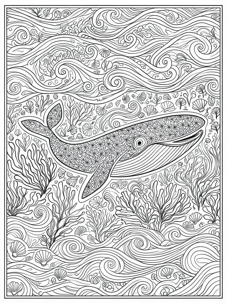 Detailed line art of whale amid swirling ocean waves, coral, and shells