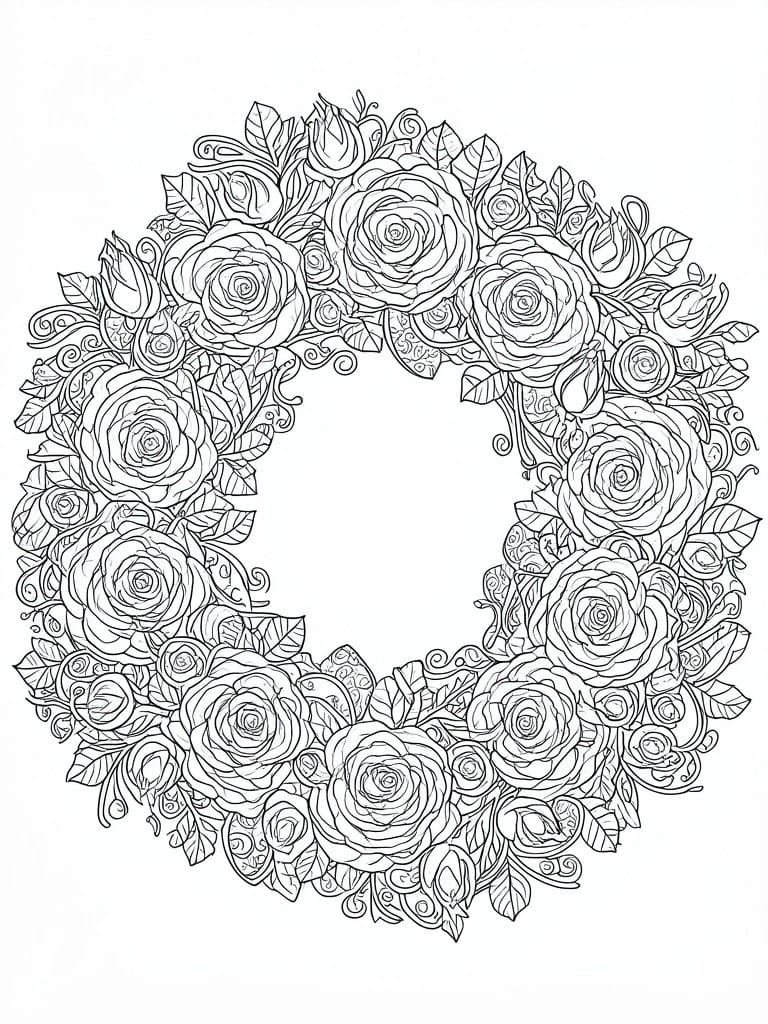 A black and white line drawing of a circular floral wreath made of roses and leaves.