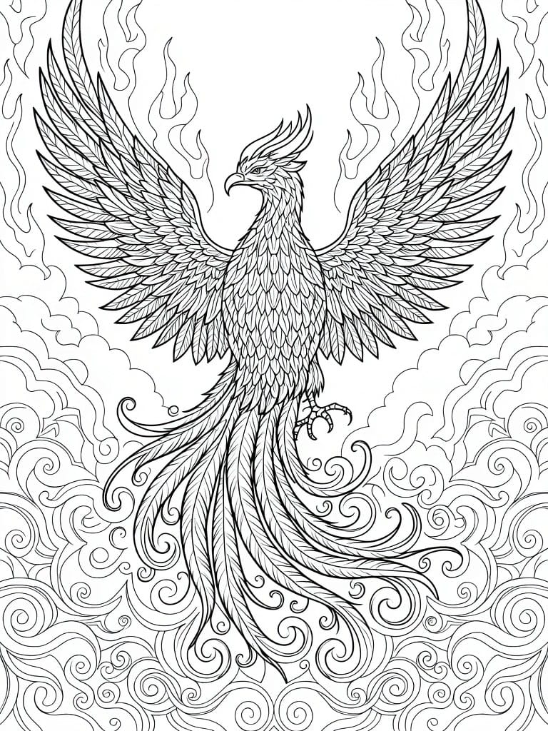 Detailed black-and-white line art of phoenix with spread wings amid flames and clouds