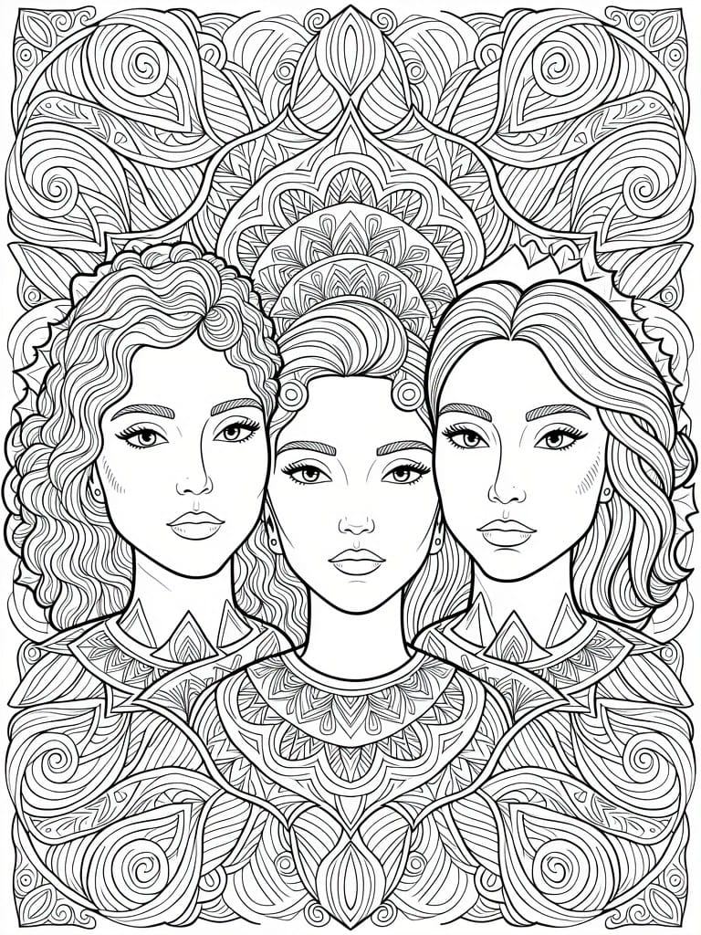 Three women with ornate hairstyles amid intricate mandala patterns in line art