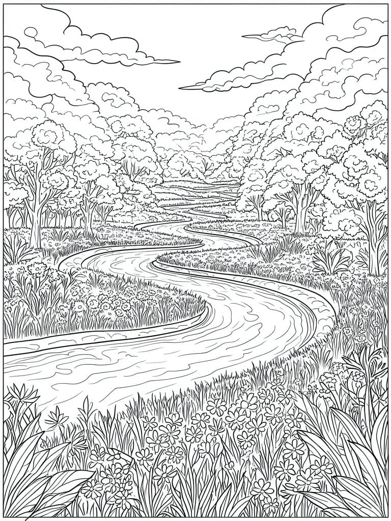 A black and white line drawing of a winding river flowing through trees and flower fields under a cloudy sky.