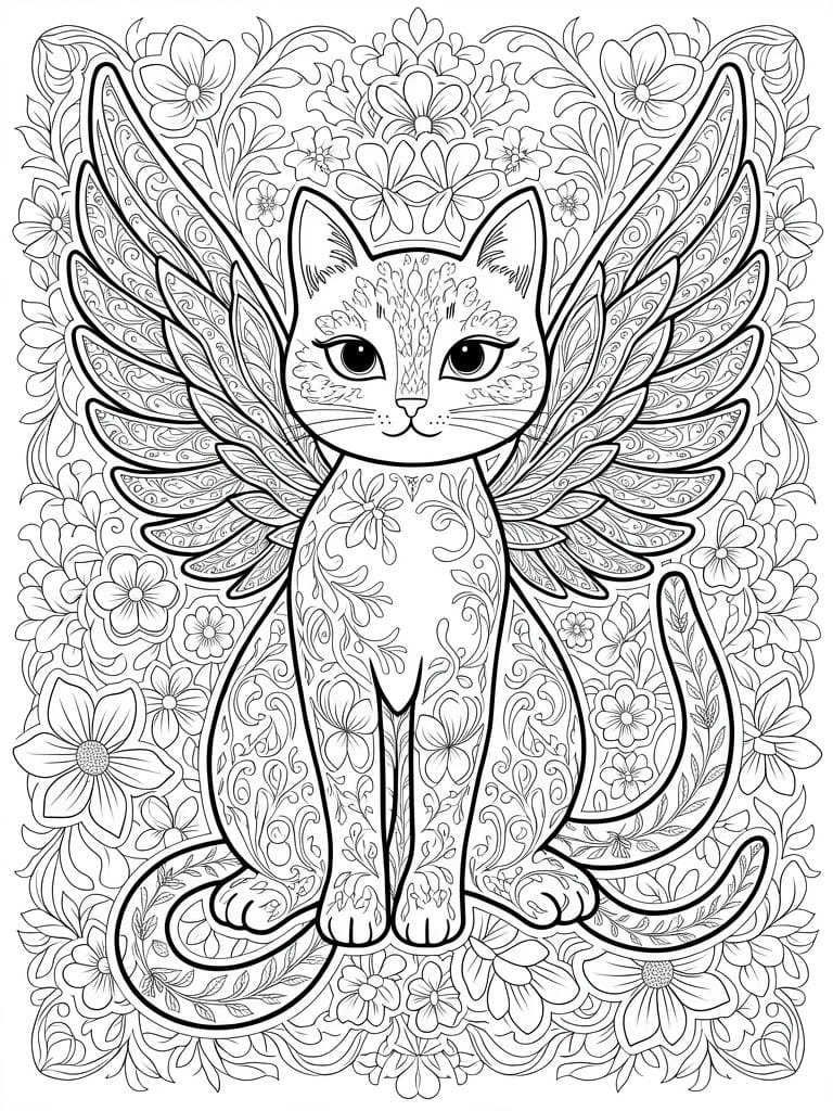 A black and white line drawing of a winged cat with floral patterns on its body sitting in front of a dense flower background.