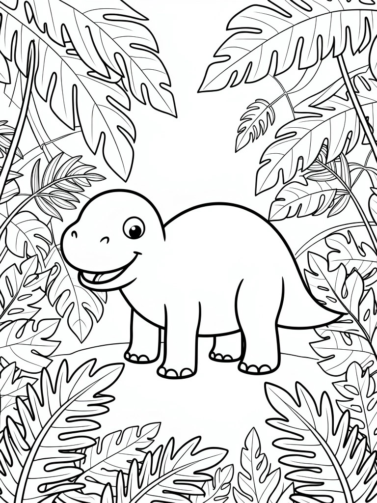 Black-and-white coloring page of smiling dinosaur amid tropical jungle leaves