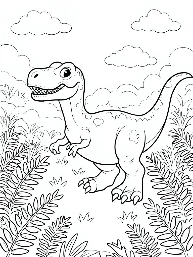 A line drawing of a cartoon T-Rex dinosaur standing in a forest clearing with ferns and clouds.