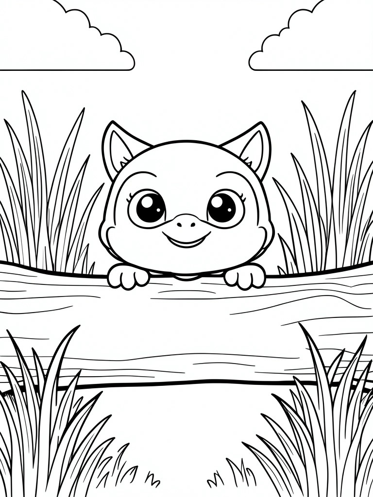 Coloring page of cute animal with big eyes peeking over log in grass by river