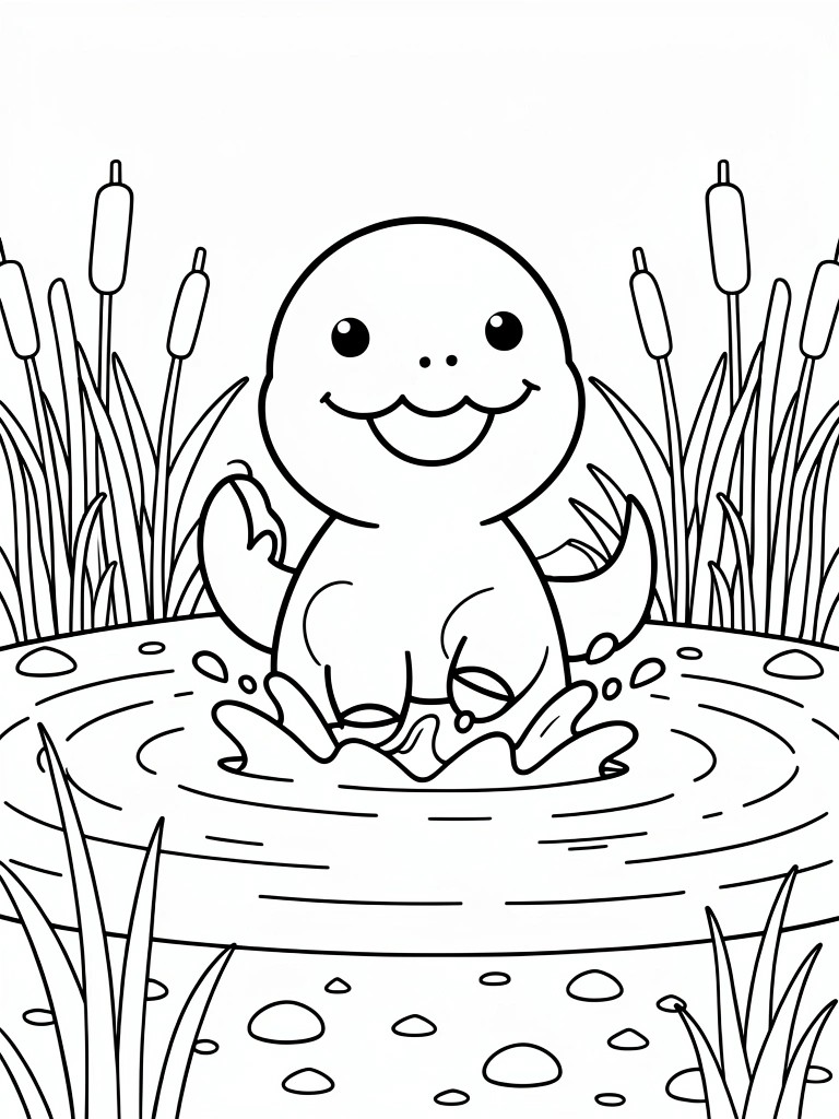 Smiling cartoon creature splashing in pond amid tall reeds and rocks