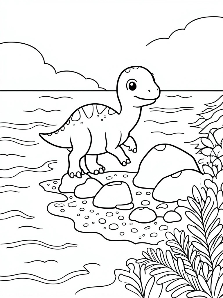 Cartoon dinosaur on rocky shore by wavy ocean with clouds and plants