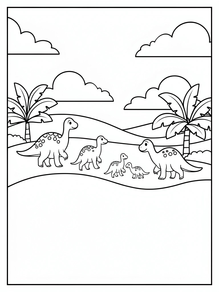 A black and white coloring page shows a line of dinosaurs walking past palm trees with clouds and hills in the background.