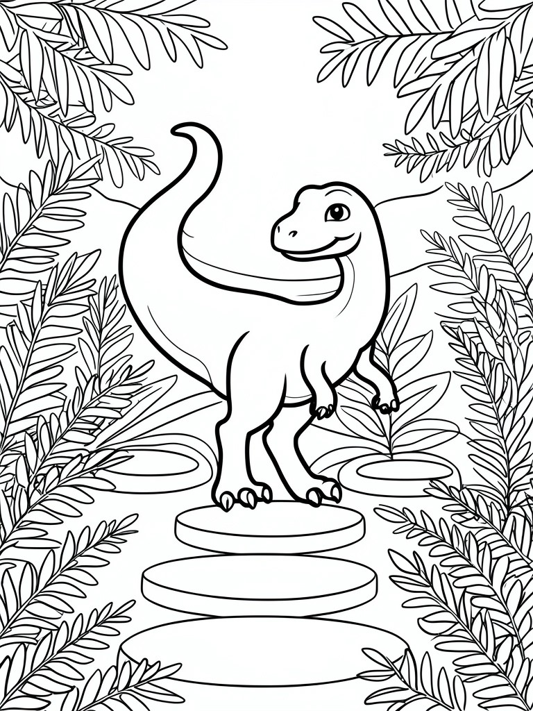 Smiling dinosaur on stepping stones amid dense jungle ferns and leaves