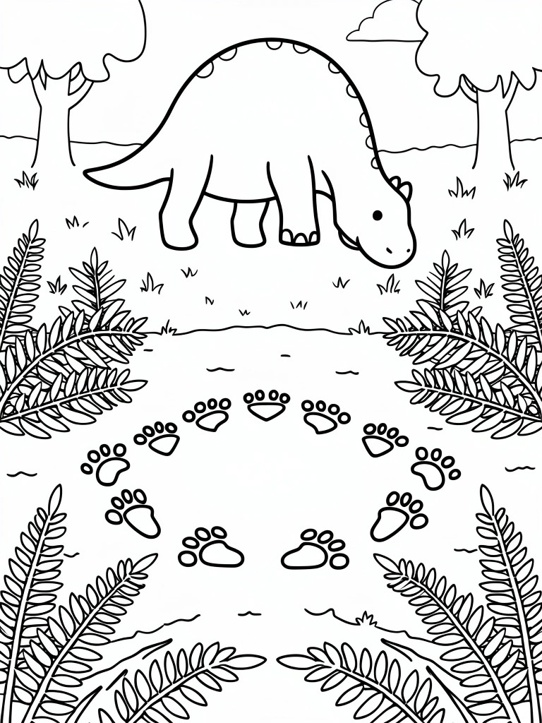 Coloring page of a sauropod dinosaur with footprints amid ferns and trees.